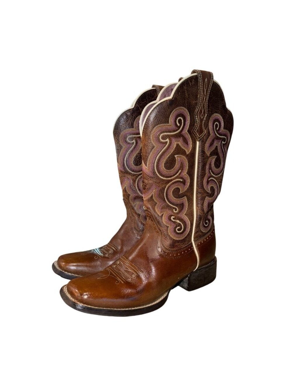 Ariat Quick Draw Western Cowboy Womens Brown Leather Boot 6.5 Purple Embroidery